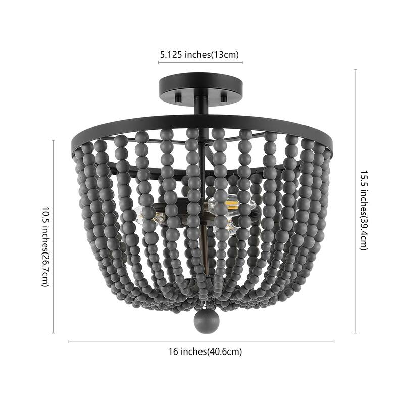 Dune Wood Bead 16" 3-Light Bohemian Farmhouse Iron LED Semi Flush Mount, Oil Rubbed Bronze/Grey by JONATHAN Y