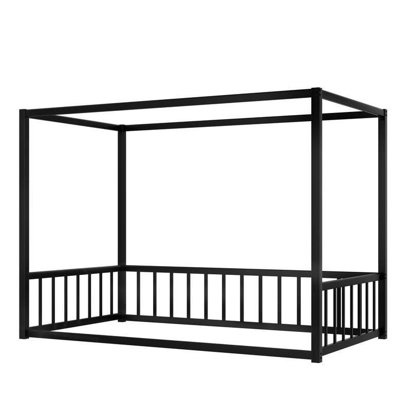 Queen Size Modern Floor Bed Frame with Canopy Structure and Full Guardrails, Low-Profile Metal Platform Bed