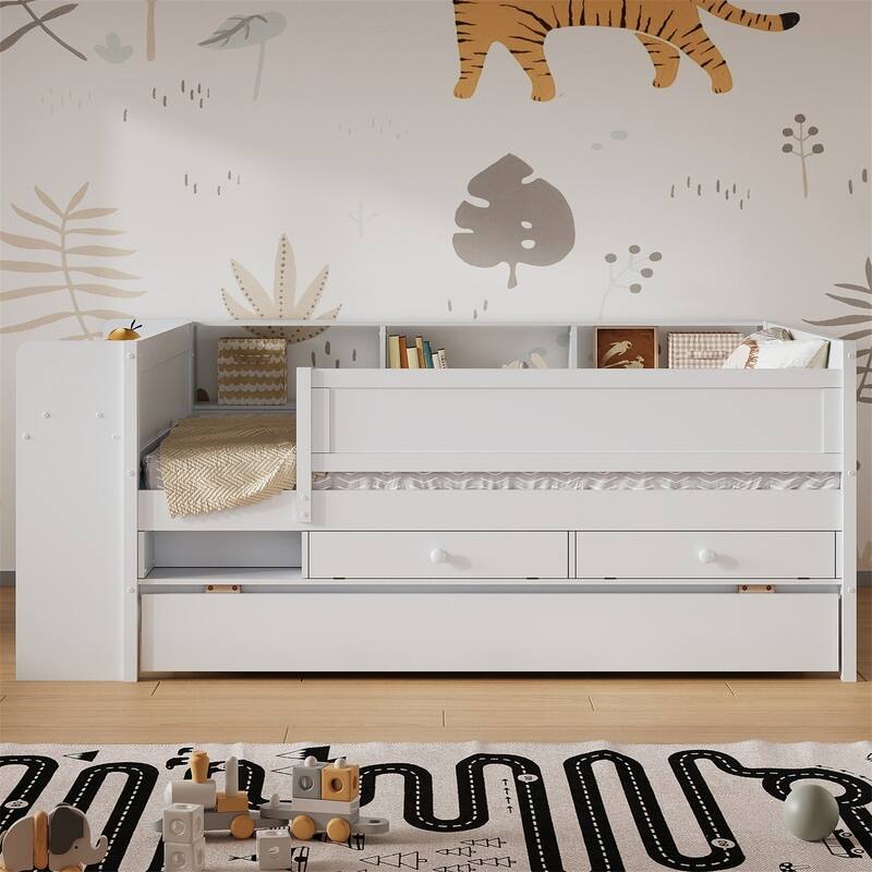 Multi-Functional Twin Size Daybed with 2 Drawers and Twin Size Trundle, Wooden Sofa Bed Frame w/ Headboard Storage & Study Desk