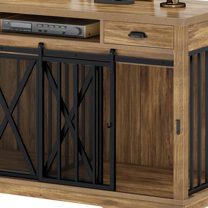 63 Inch Double Dog Crate TV Stand with Charging Station