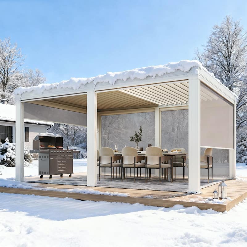 EROMMY Outdoor Louvered Pergola Gazebo with Adjustable Aluminum Rainproof Roof and Pull-Down Screen - 12' x 16' - White