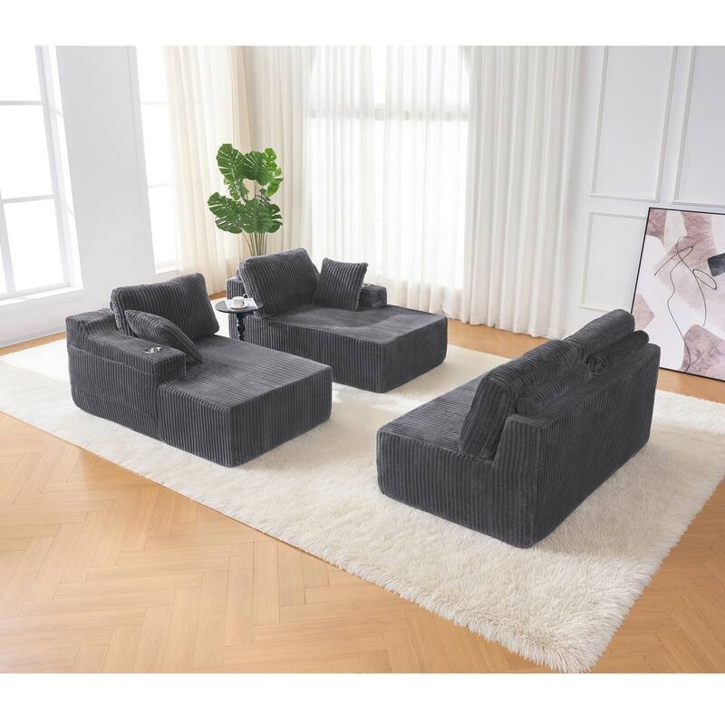 130" U-Shaped Corduroy Sectional Sofa with Cup Holders, No Assembly Required