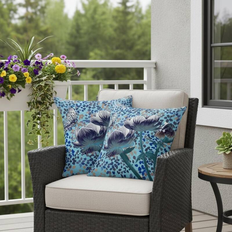 HomeRoots Set of Two 16" X 16" Blue and White Butterfly Blown Seam Floral Indoor Outdoor Throw Pillow - 16.00' X '16.00' X '5.00 - Blue/White - 16.00' X '16.00' X '5.00
