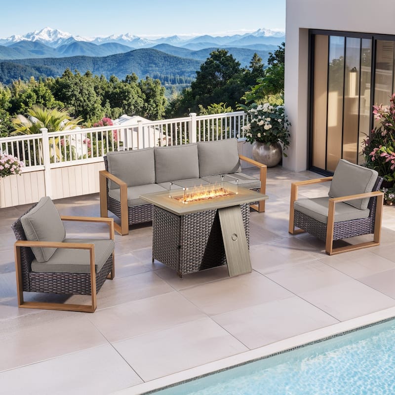 Pocassy Fire Pit Table with Outdoor Sofa Chair Ottoman Set - Brown Wicker Gray Cushion - 4-Piece Sofa Patio Chair with Fire Table