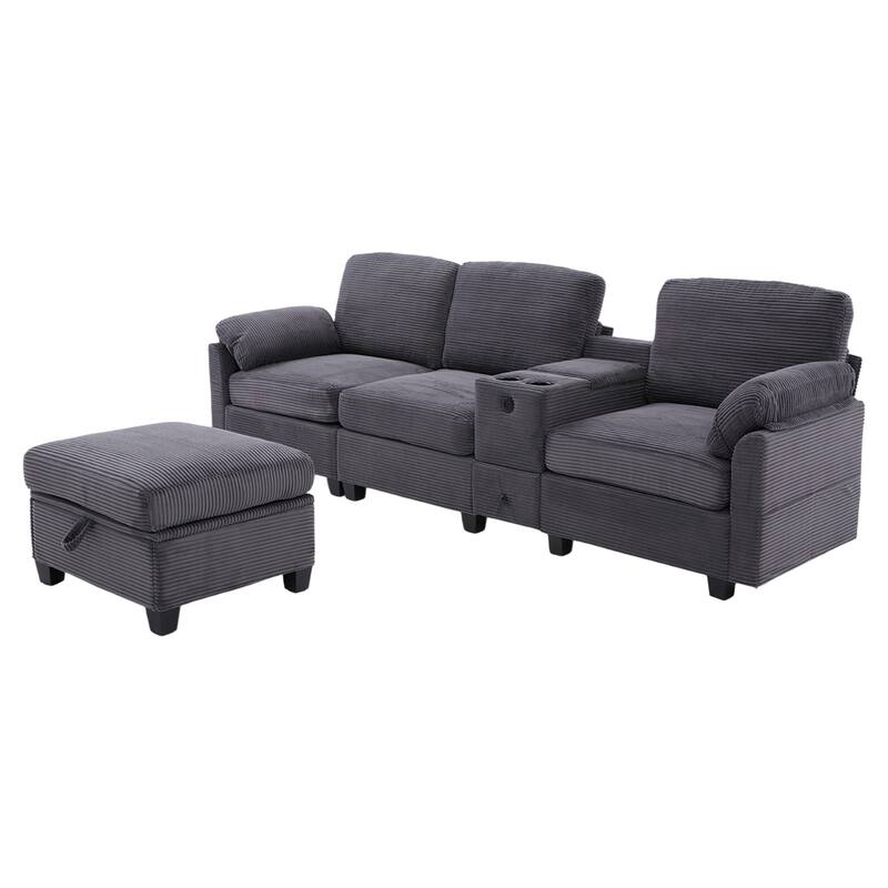 HOMEFUN Corduroy Upholstered L-Shaped 4-seater Storage Multifunctional Sectional Sofa with Storage Ottoman,Cup Holder and USB