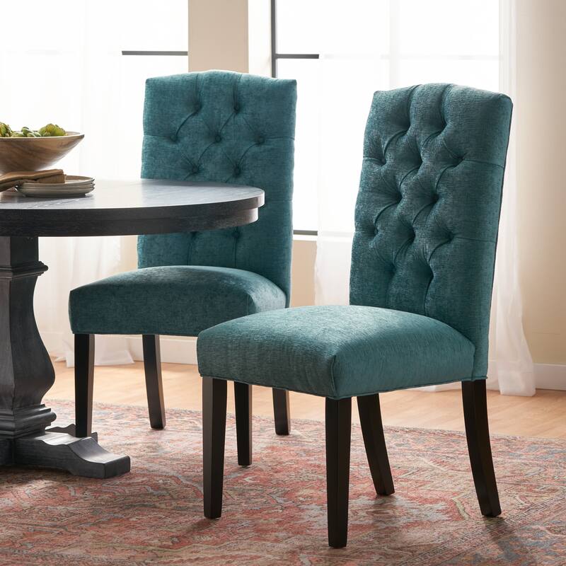 Set of 2 Fabric Upholstered Dining Chairs with Wood Legs - Green