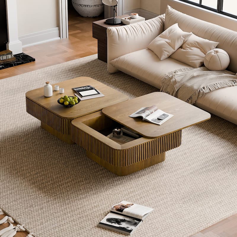 31.5" Square Coffee Table with Storage, Modern Solid Wood Veneer Accent Table