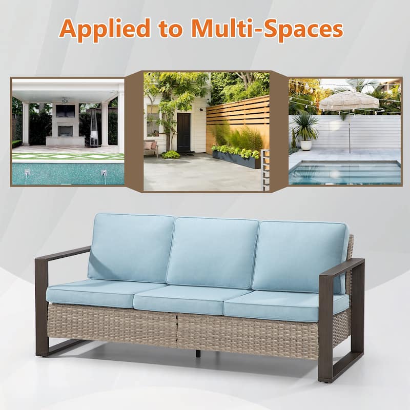 Cozywor Wicker Outdoor Patio Sofa Steel Frame with Beige Cushions