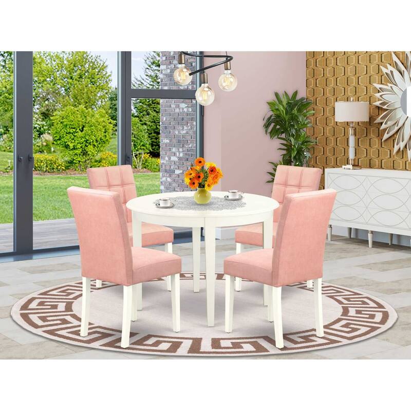 HomeStock 5-Piece Linen White Solid Wood Top - Round Dining Room Set - Seats 4