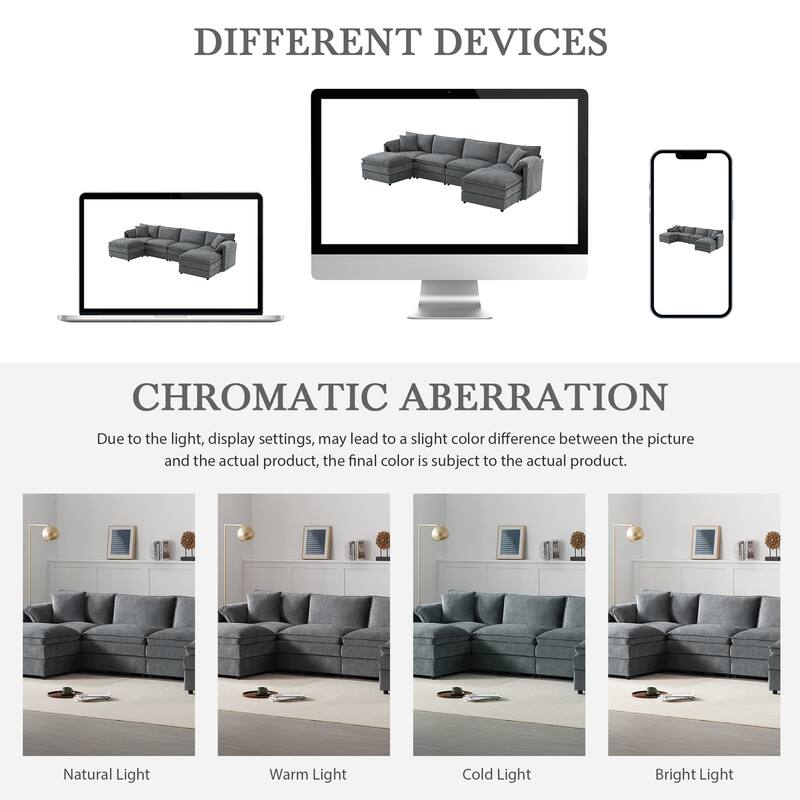 136" U-Shaped Chenille Cloud Sectional Sofa with Dual Ottomans