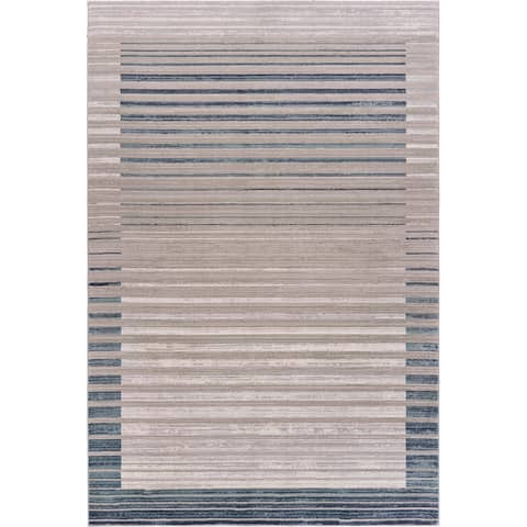 LR Home Carved Transitional Striped Polyester Area Rug, Cream and Blue
