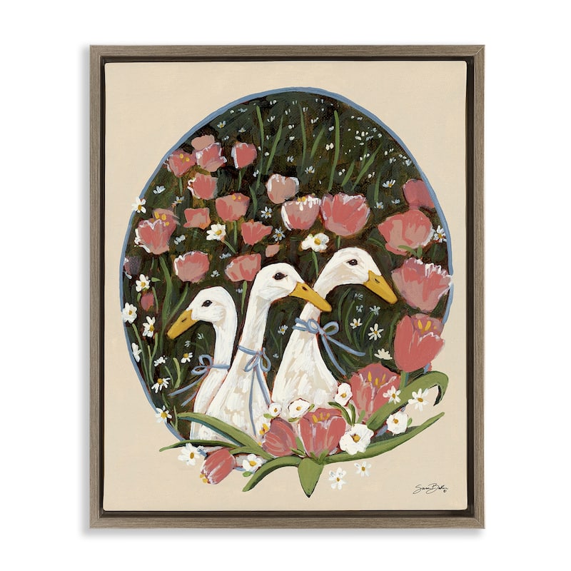 Stupell Ducks with Cottage Blooms Framed Floater Canvas Wall Art Design By Sara Baker - 25 x 31 - Brown