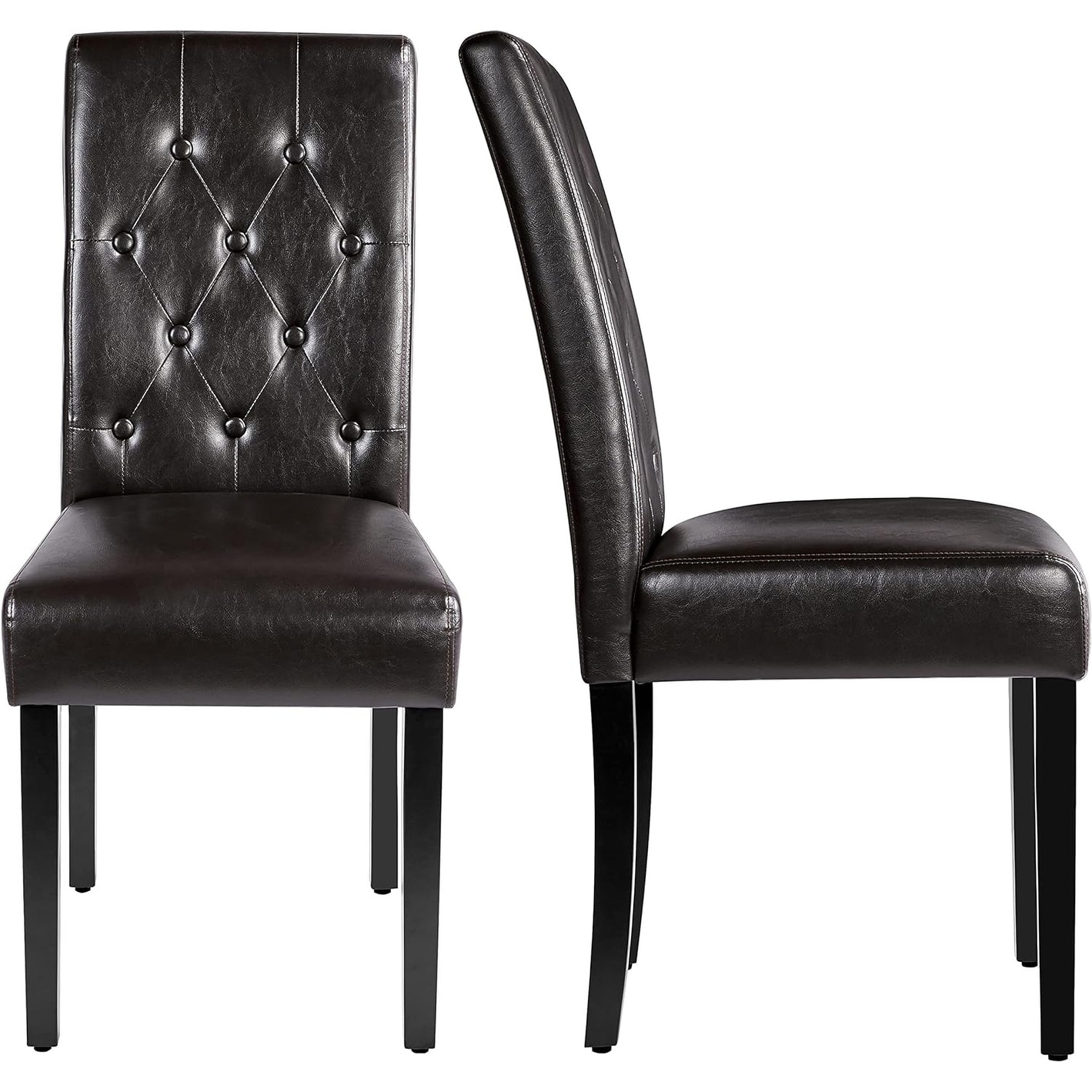 Modern Leather Parsons Dining Chairs Set of 2 with Button Tufted High Back and Solid Wood Legs, Brown