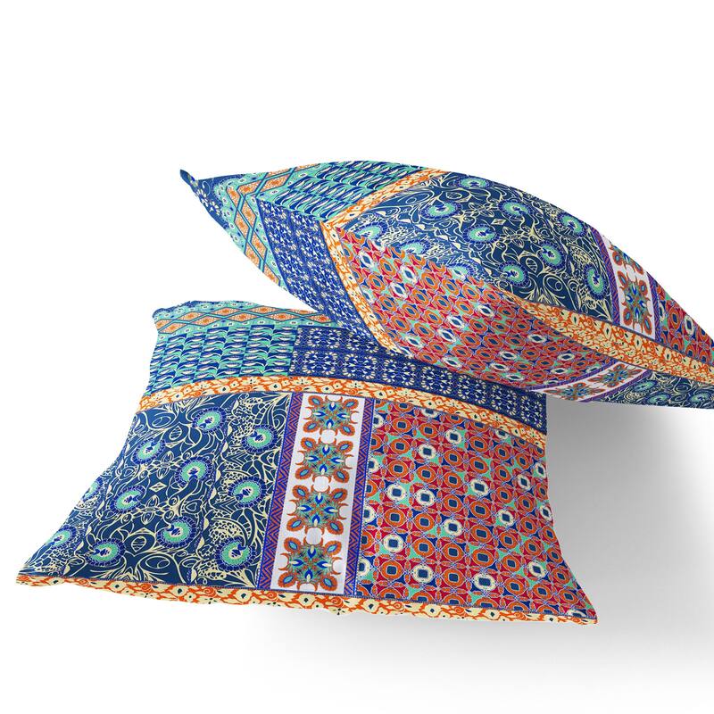 HomeRoots Set of Two 16" X 16" Blue and Orange Blown Seam Floral Indoor Outdoor Throw Pillow - 16.00' X '16.00' X '5.00