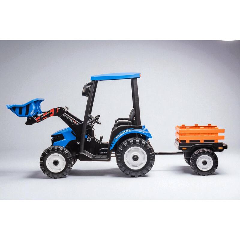 24V Kids Ride On Tractor with Remote Control, Electric Pedal Car with Trailer, Working Loader & Backhoe Digger