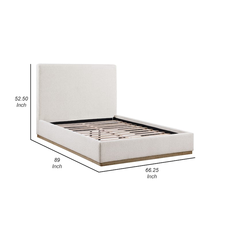 Ole Queen Size Bed, Upholstered Panel Headboard, Plinth Base, Gold, Ivory