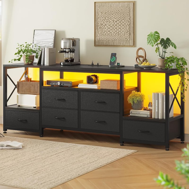 TV Stand with LED Lights Power Outlets Dresser Fabric Drawers Entertainment Center