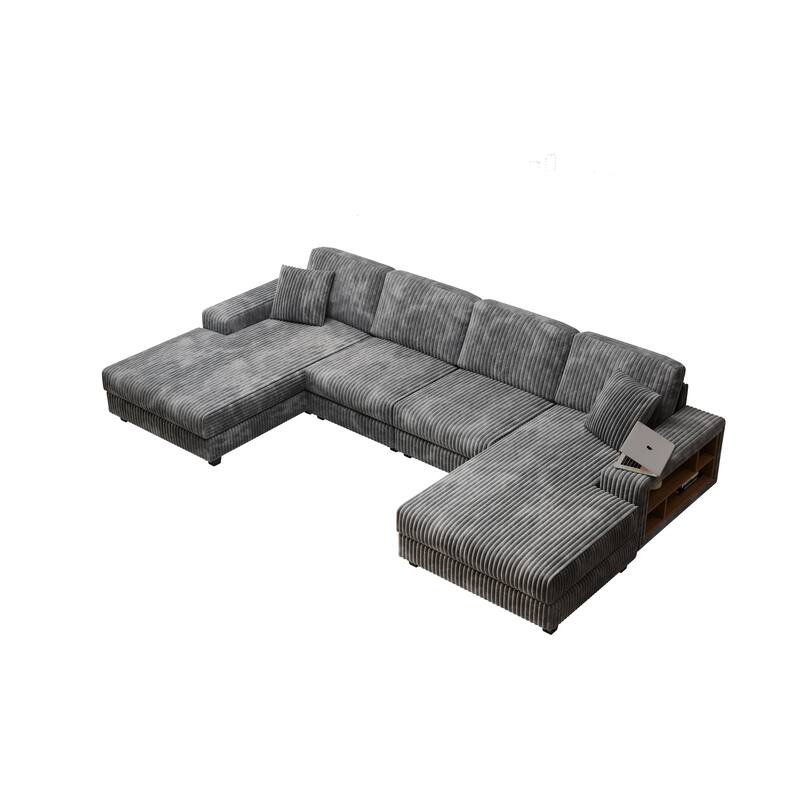 139.76" Corduroy U-Shape Sectional Sofa with Storage Armrests and Pocket Spring Cushions