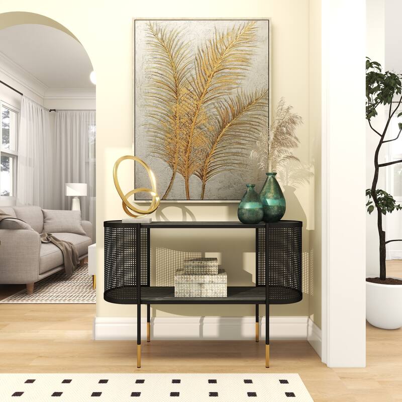 Black Metal Mesh Side Panel 1 Shelf Console Table with Open Center Storage