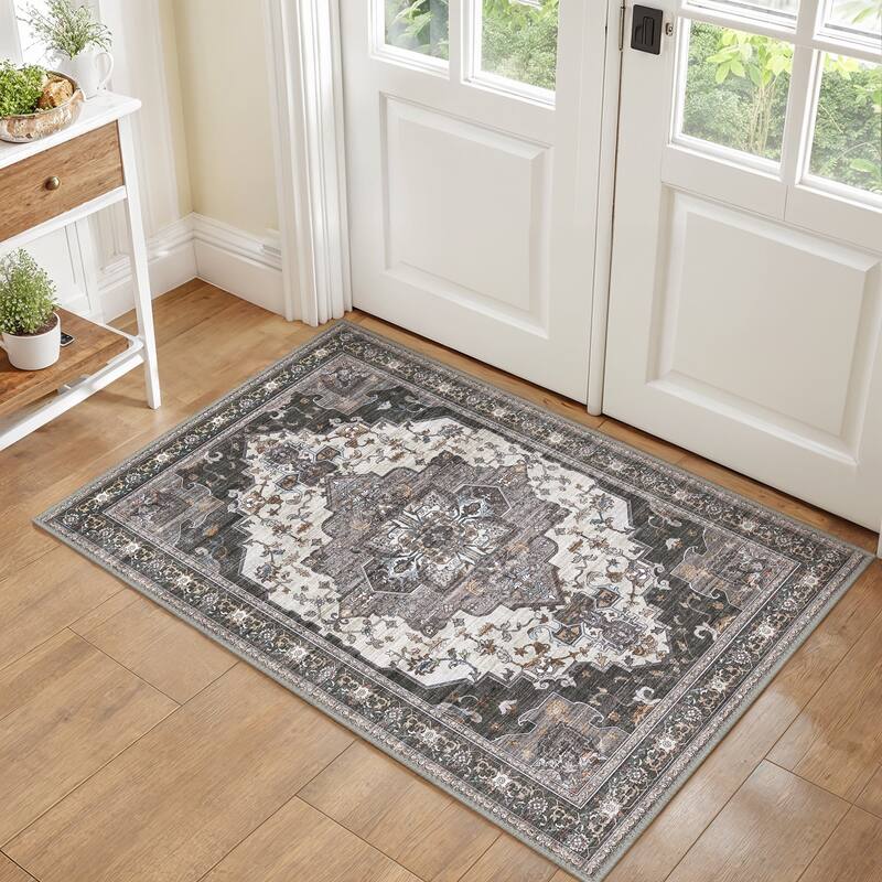 Mcow Floral Dark Gray Low-Pile Machine-Washable Non-Slip Area Rug