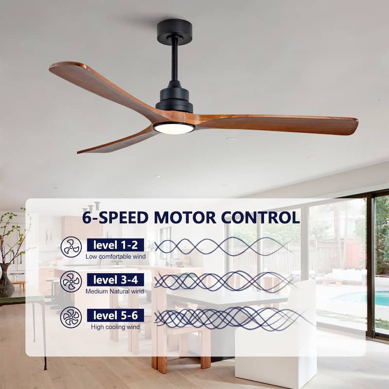 60 Inch Wood Ceiling Fan With 3 Solid Wood Blades Remote Control Reversible DC Motor For Living Room - Black
