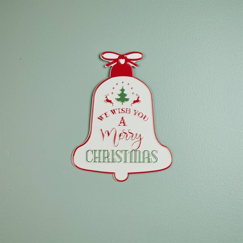 Holiday Metal Bell Sign with “We Wish You a Merry Christmas” Pine Tree Deer Indoor Decor - 7.5”L x 0.25”W x 9.75”H