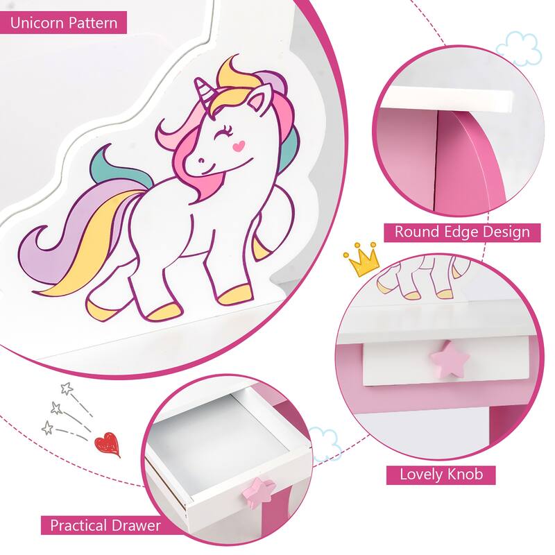 Kids Vanity Set with Mirror Wooden Princess Makeup Table and Stool Set