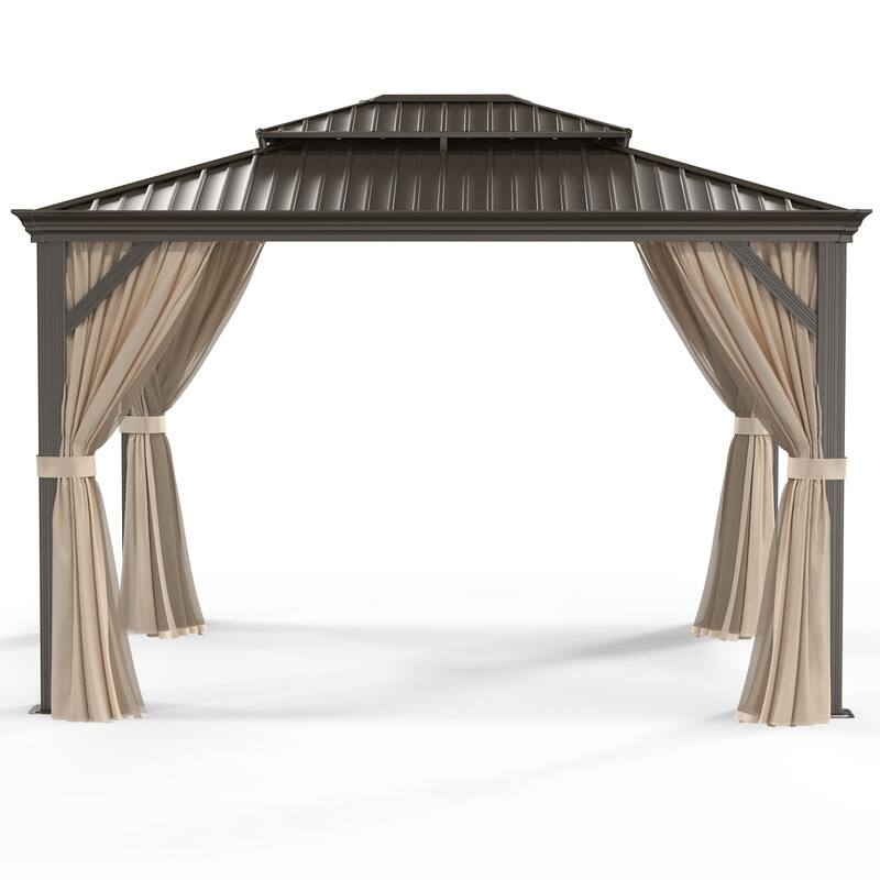 10x12 FT Hardtop Double-top Patio Gazebo with Polyester Curtains and Nettings