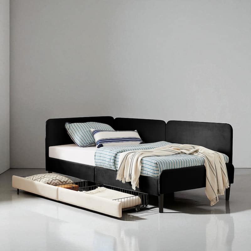 Twin Size Upholstered Platform Sofa Bed with Velvet Cushions and 2 Storage Drawers, Convertible Daybed Frame
