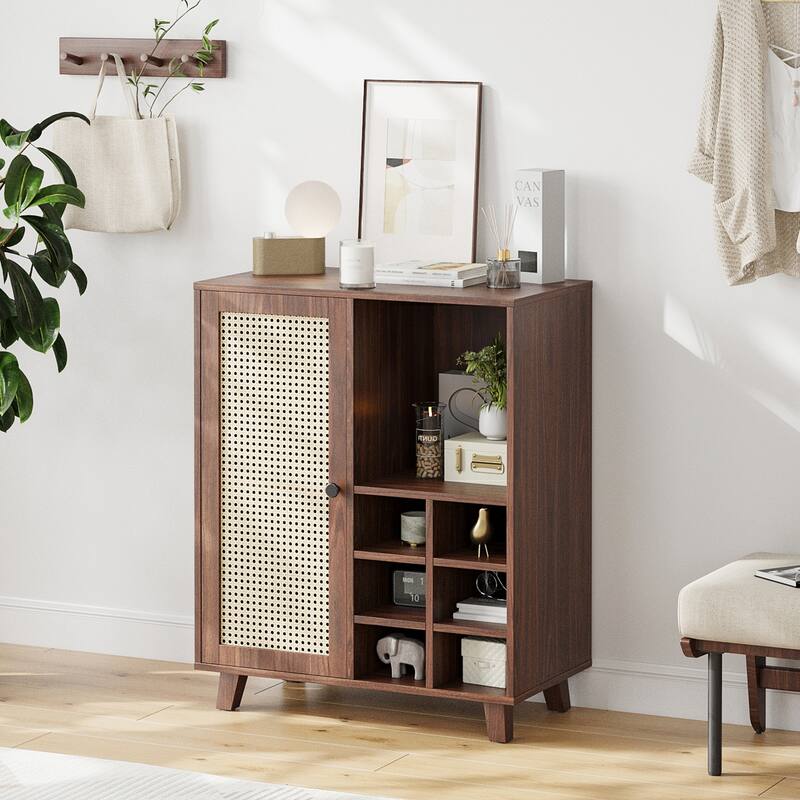 Rossetta 47'' Modern Rattan-Front Door Sideboard Cabinet with Open Shelves and Protective Foot Pads