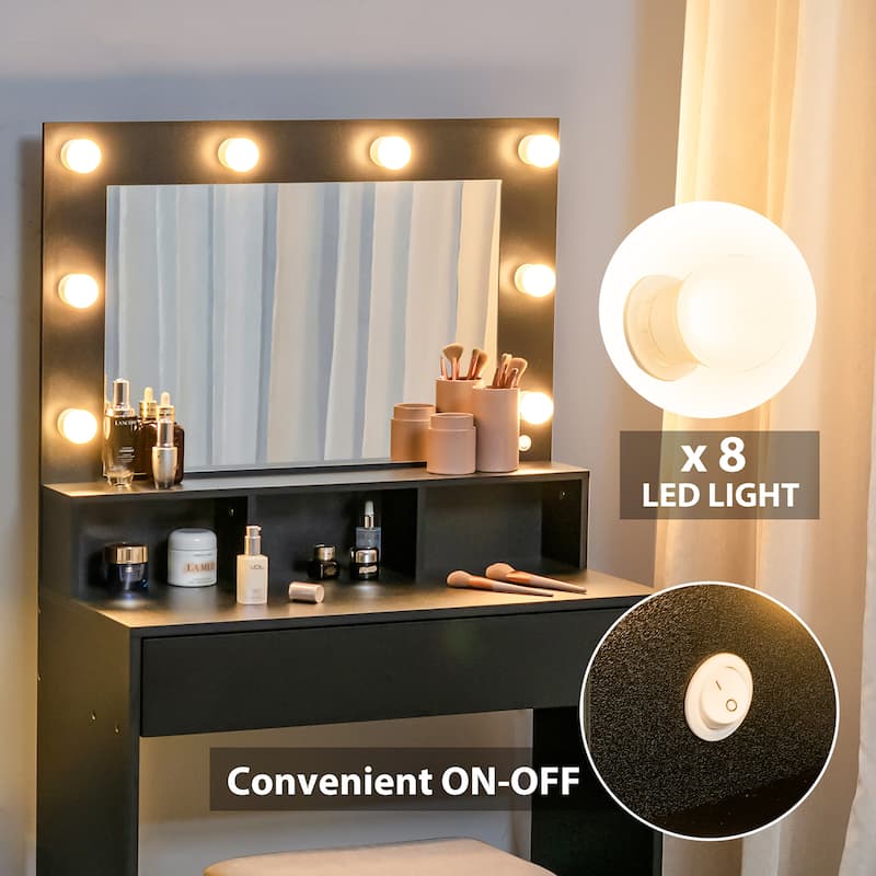 Costway Vanity Table Set with Lighted Mirror 8 LED Bulbs Large Drawer - See Details
