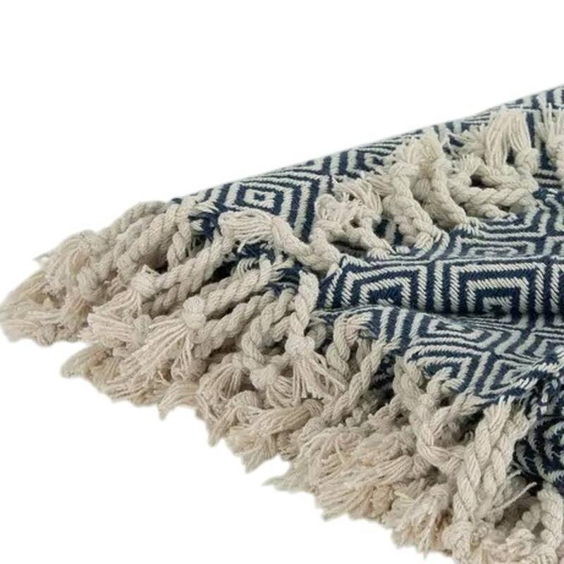 HomeRoots 50" X 60" Navy Blue Cotton Woven Geometric Throw Blanket with Fringe
