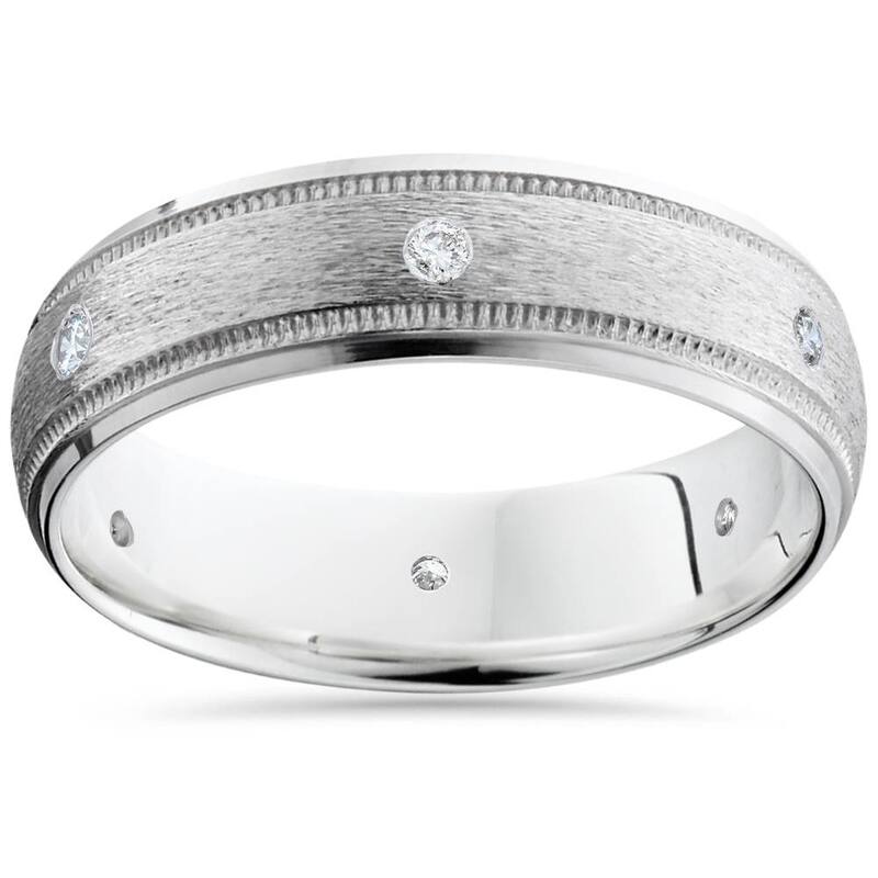 Mens White Gold Diamond Wedding Brushed Band Ring