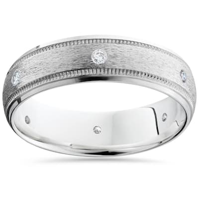 Mens White Gold Diamond Wedding Brushed Band Ring