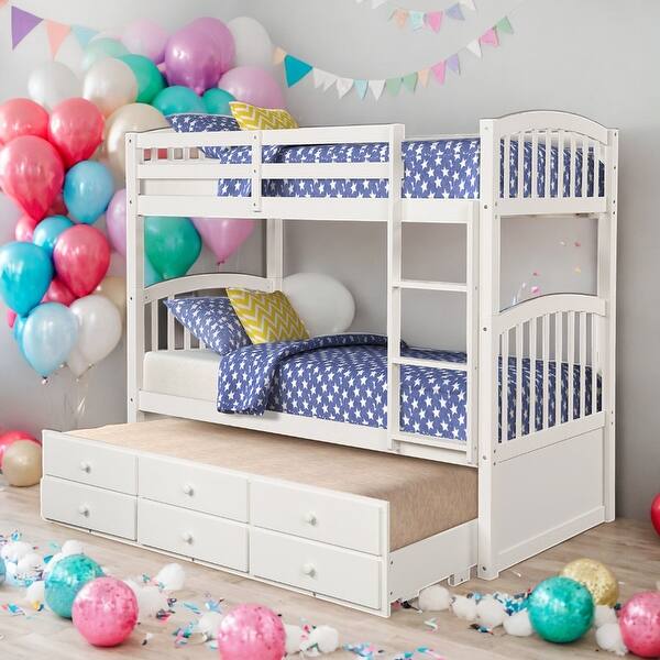 slide 2 of 15, Twin over Twin Bunk Bed With Ladder And Safety Rail,Twin Trundle Bed with 3 Drawers White
