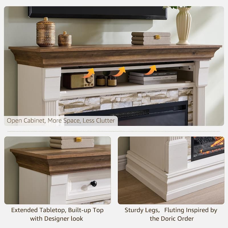 52" Farmhouse Electric Fireplace TV Stand, Wood Entertainment Center