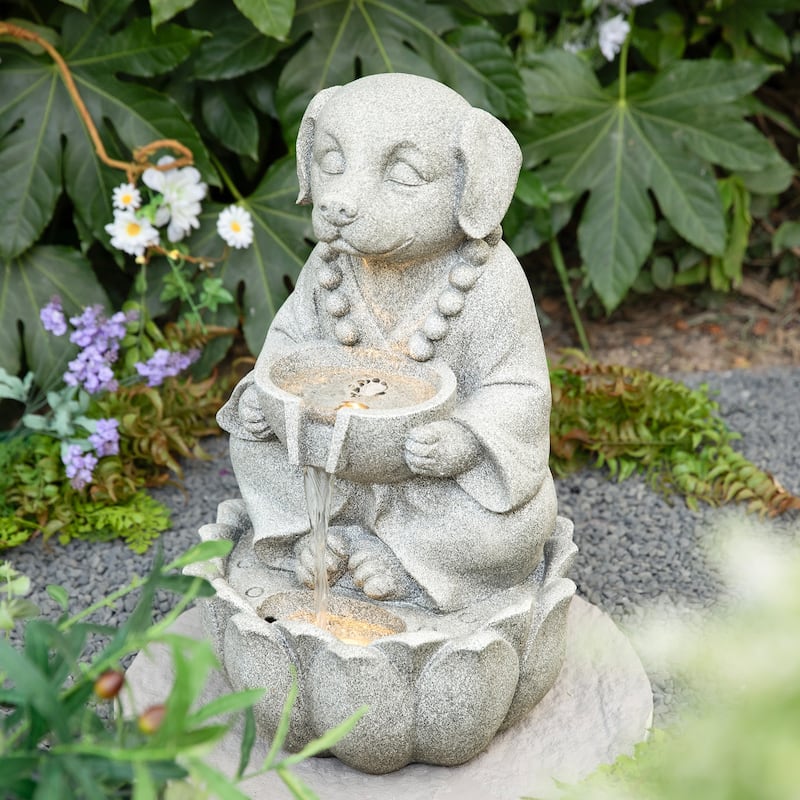 Glitzhome 21.75"H 2-Tiered Zen-Style Polyresin Cat Dog Statue Outdoor Fountain with LED Lights