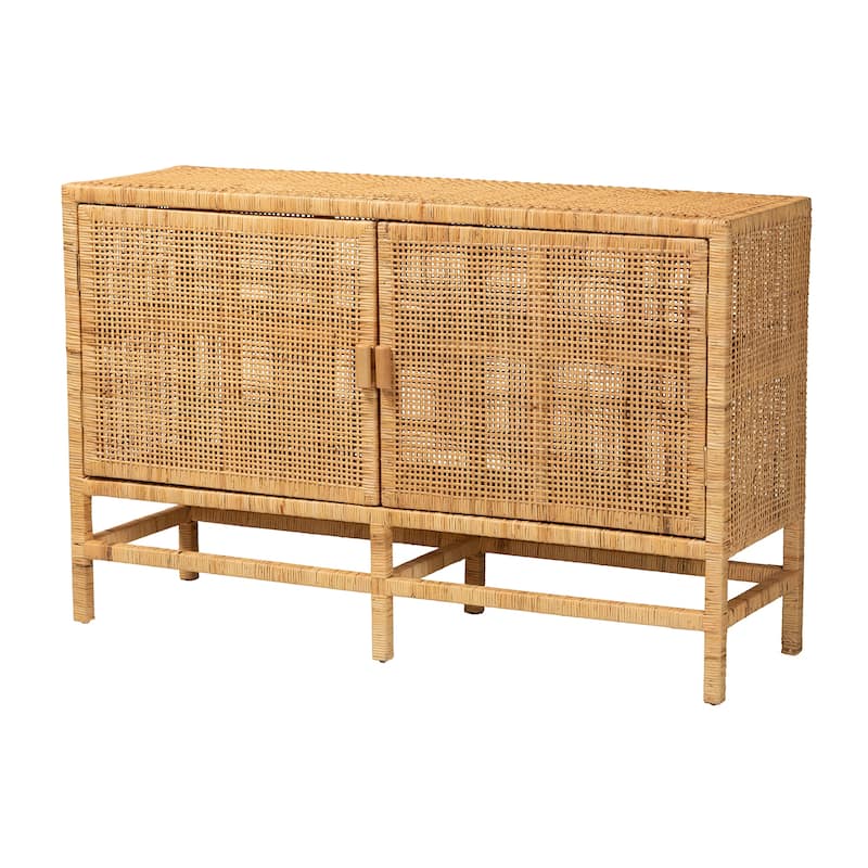 Vivan Modern Bohemian Natural Brown Rattan and Mahogany Wood Storage Cabinet - Natural Brown