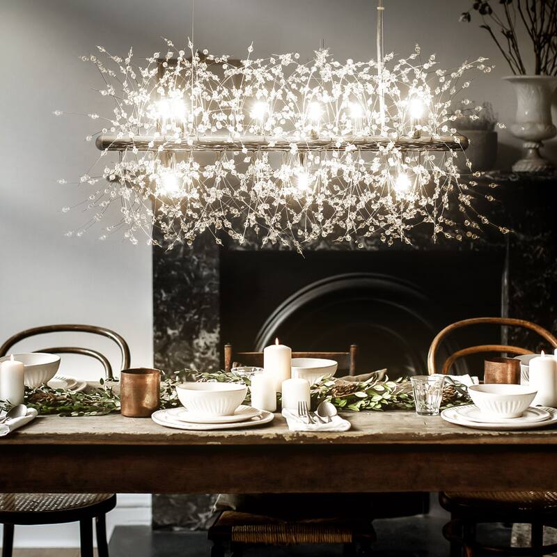 9/12-Light Linear Sputnik Crystal Beaded Pendant Light Firework Starburst Crystal Chandelier for Dining Room - 9-Light - Chrome