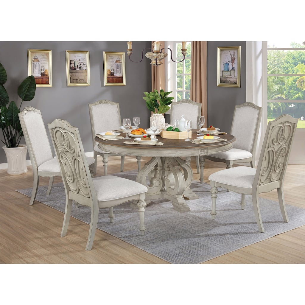 Caelum Farmhouse White Fabric Upholstered 7-Piece Round Dining Set By The Gray Barn