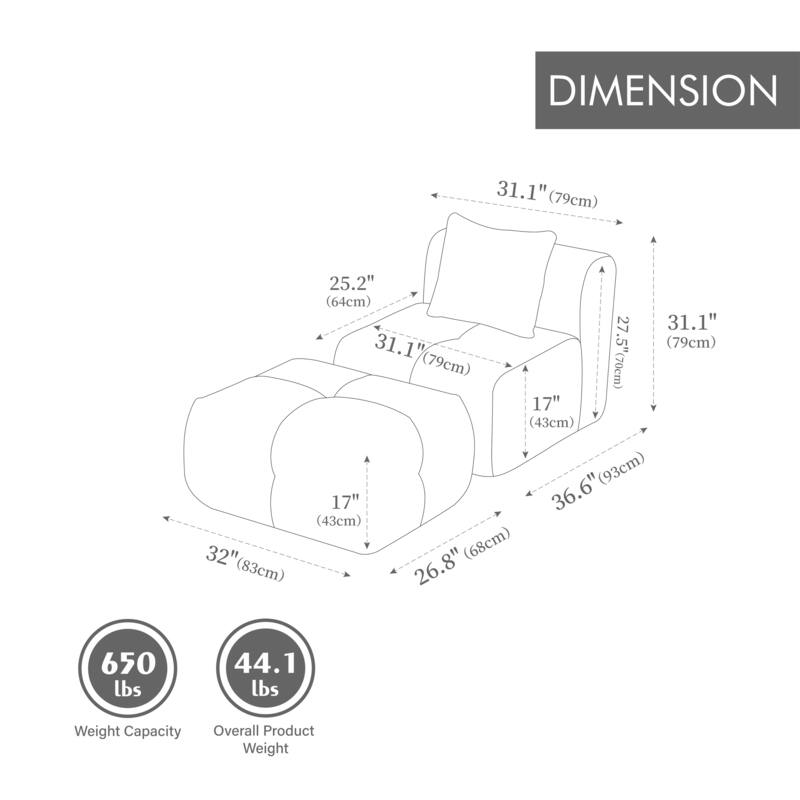 Roomfitters Modular Cloud Lounge Chair with Ottoman, Deep Seat Floor Accent Sofa with Pillow for Living Room Bedroom Dorm