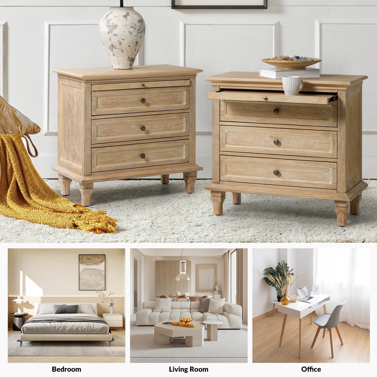 Muriel Farmhouse 3 Drawers Nightstand with Built-In Outlets Set of 2 by HULALA HOME