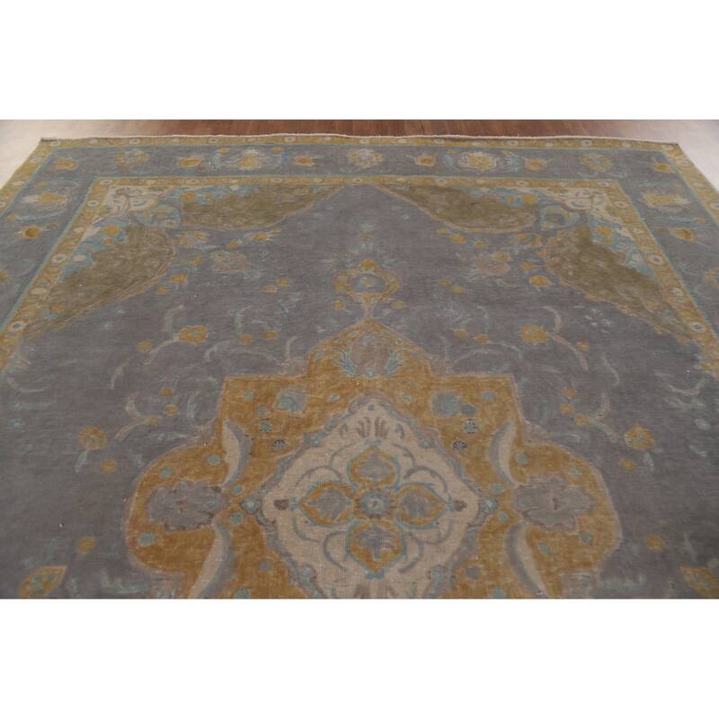 Hand Knotted Oriental 100% Wool Carpet Traditional Floral Greys & Charcoal Tabriz Area Rug - 12' 8'' X 9' 3''