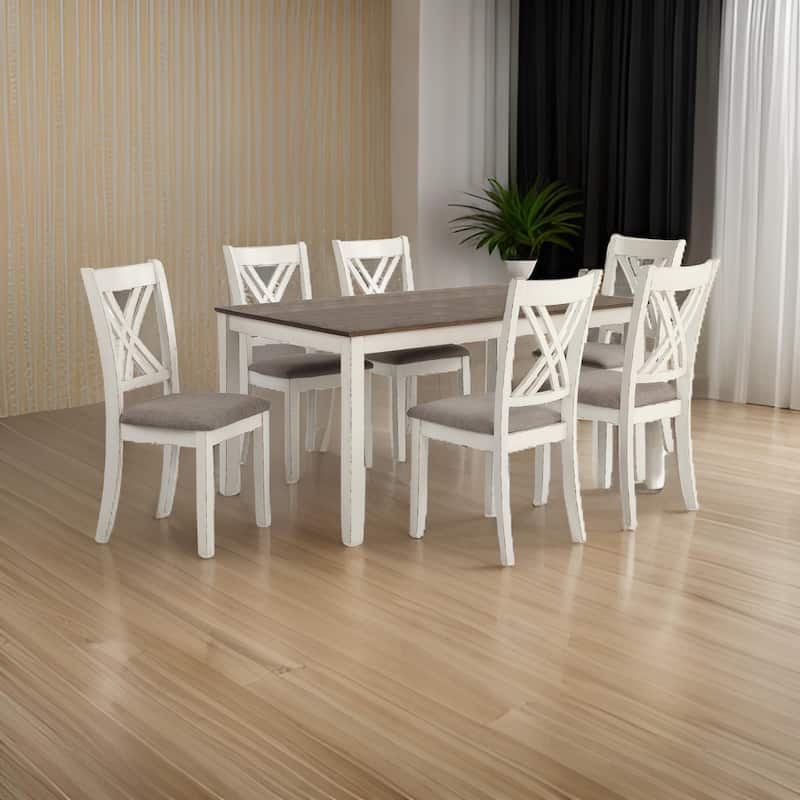 7 Piece Dining Set, Dry Brushed Weathered Wood Surface, Gray Upholstery