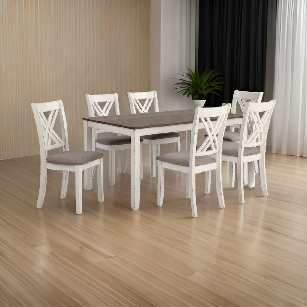7 Piece Dining Set, Dry Brushed Weathered Wood Surface, Gray Upholstery