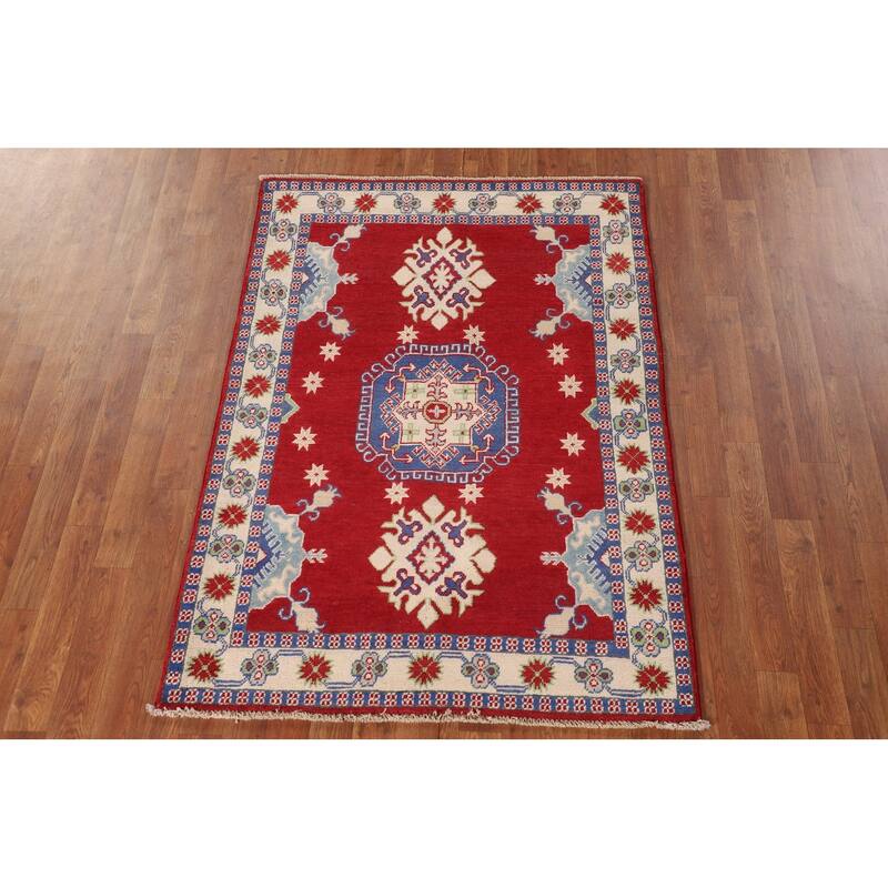 Red Kazak Rug Handmade Geometric Wool Carpet - 3'5"x 5'1"