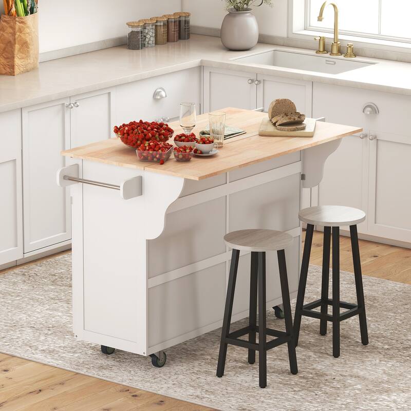 HOMCOM Rolling Kitchen Island on Wheels Utility Cart with Drop-Leaf and Rubber Wood Countertop, Storage Drawers, Dark Grey