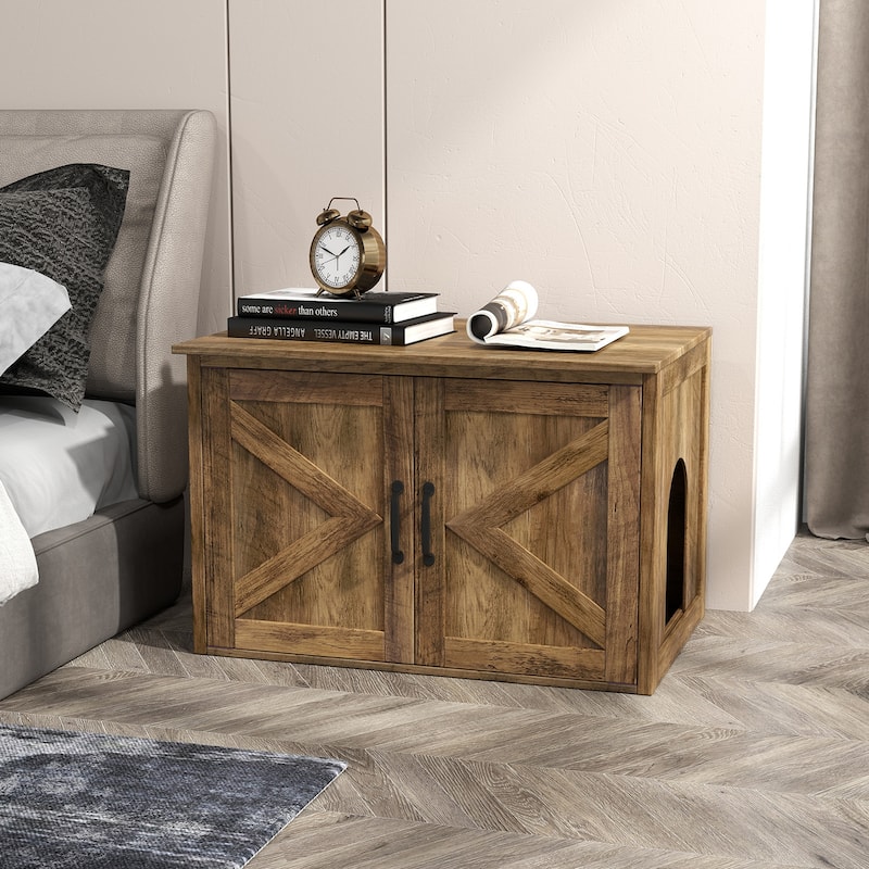 Flip Top Hidden Cat Washroom Furniture with Double Barn Doors Removable Divider and Middle Entry - 31.5"L x 21.5"W x 21"H