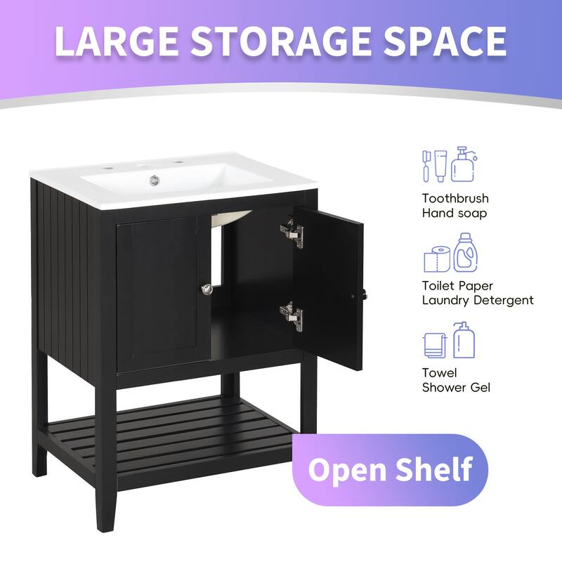 Bathroom Vanity Floor Storage Cabinet with Drop-In Sink and Open Shelf
