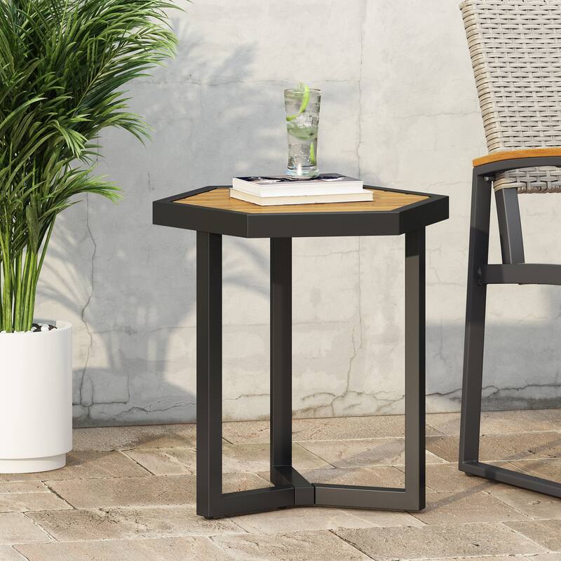 Roomfitters Outdoor Accent Side Table with Durable Metal Base and Teak-Style Surface, Beige